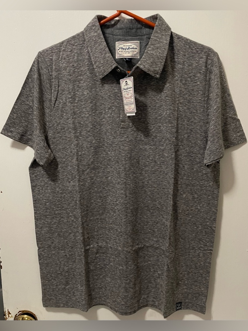 Flag & Anthem Men's Charcoal Short Sleeve Polo Shirt Striped Pattern Size Medium